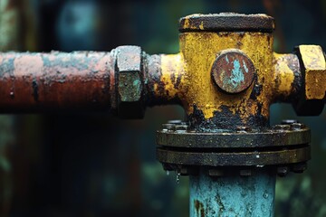 Rusty Industrial Pipe Valve with Dripping Water, Highlighting Age and Wear in an Urban Environment, Perfect for Depicting Construction and Industrial Themes