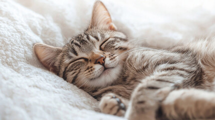 A cute cat on simple white background smile relax looks background with copy space. pet fashion portrait minimalism adorable wallpaper 