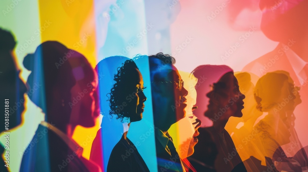 Poster a powerful image of diverse leadership, showing a panel of leaders from various backgrounds speaking