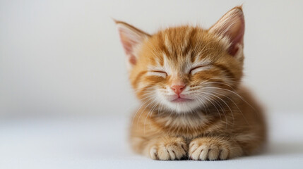 Obraz premium A cute cat on simple white background smile relax looks background with copy space. pet fashion portrait minimalism adorable wallpaper 