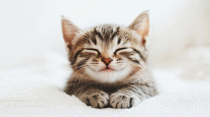 Fototapeta premium A cute cat on simple white background smile relax looks background with copy space. pet fashion portrait minimalism adorable wallpaper 