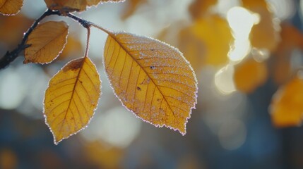 Obraz premium Frost-Covered Yellow Leaves on a Branch with Blurred Background