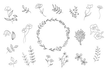 シンプルな植物の線画イラストセット