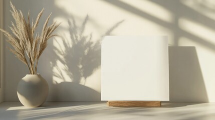 Fototapeta premium A white frame is on a wooden stand. A vase with straws is next to the frame