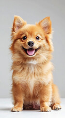 Obraz premium A cute dog puppy on simple white background looks at camera background with copy space. pet fashion portrait minimalism adorable wallpaper 