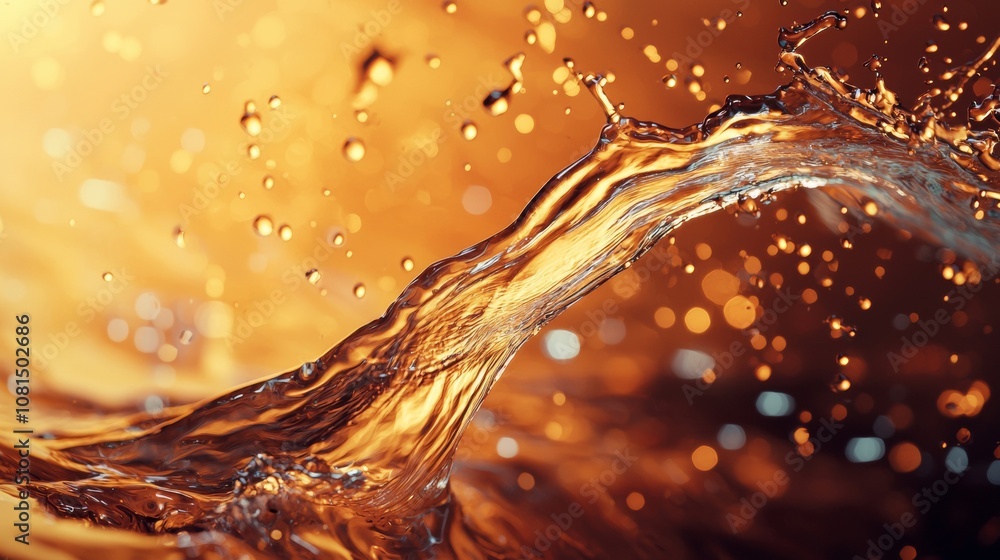 Poster dynamic splash of liquid with orange lighting and bokeh