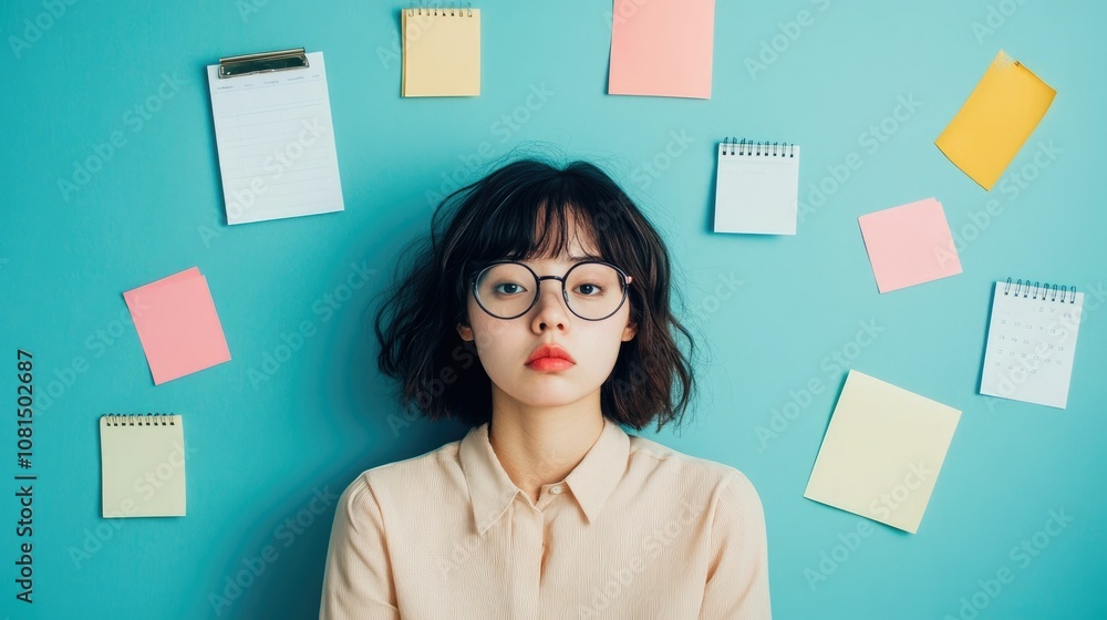 Poster calendar filled with tasks and notes next to a tired person s face representing the challenges of ti