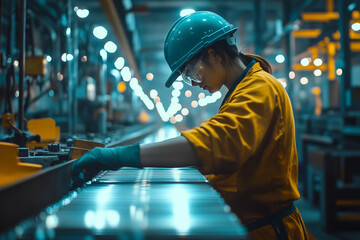 Portrait of labor in assembly line factory, Selective focus worker stand near conveyor belt in industrial factory.