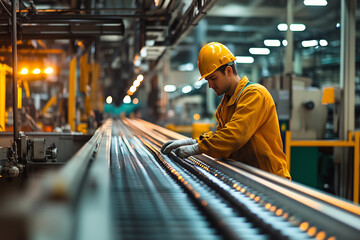 Portrait of labor in assembly line factory, Selective focus worker stand near conveyor belt in industrial factory.