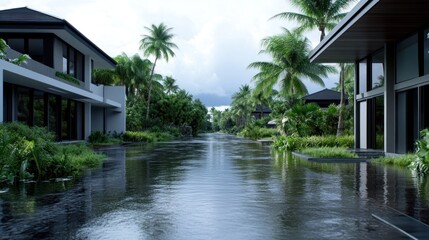 Obraz premium Serene waterfront scene with modern houses and lush greenery.