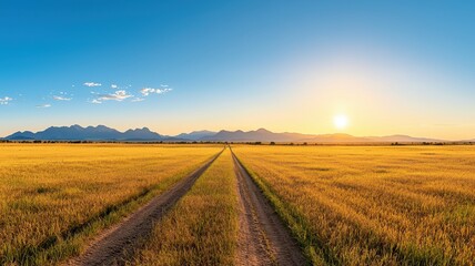 Obraz premium A serene landscape features an open field leading towards mountains under a clear blue sky, with the sun setting in the distance.