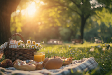 Landscape view of park picnic with nice and cozy view, Recreation time picnic with outdoor activity and eating, Public park picnic in holiday with food and drink.