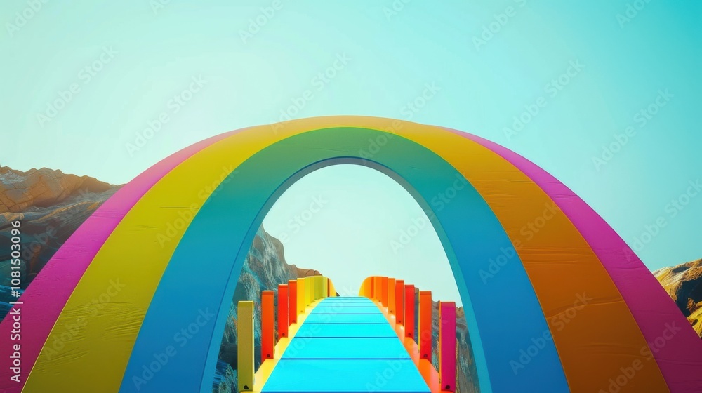 Fototapete A powerful scene of a rainbow-colored bridge connecting two distinct landscapes, Representing the connection between different communities and the journey towards inclusivity, minimalist style