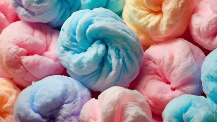 Obraz premium Colorful Close-Up of Fluffy Pastel Cotton Candy Balls in a Vibrant and Whimsical Arrangement