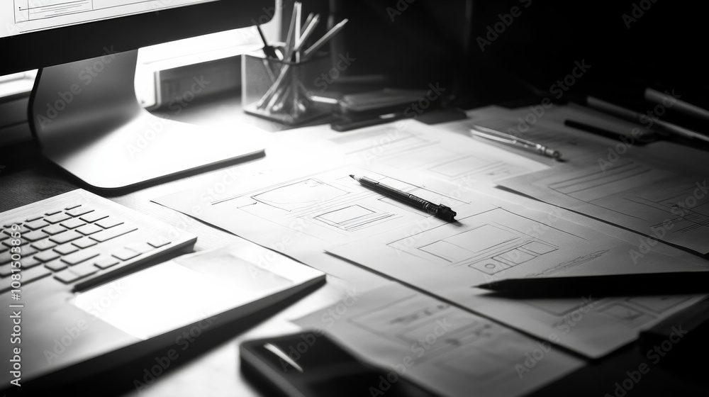 Poster website designer creative planning application development draft sketch drawing template layout fram
