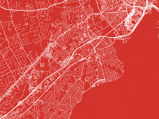 Christmas Map of West Haven  Connecticut, USA in Snowy White on Festive Red Background.