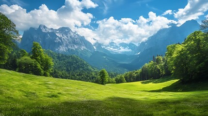 Obraz premium Green meadow with mountain range in the background and a blue sky with fluffy clouds.