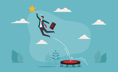 Businessman jumping on trampoline to success, briefcase in hand. Suitable for business, motivation, success, achievement concepts in marketing materials