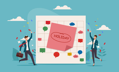 Company holiday for employee to take a break and recharge. Big calendar. Celebrating holiday with joyful employee