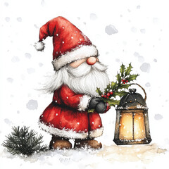 cheerful Santa Claus in red suit holds holly near lantern, surrounded by snow. festive scene captures spirit of Christmas