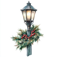 festive street lamp adorned with greenery and red berries, perfect for holiday decor