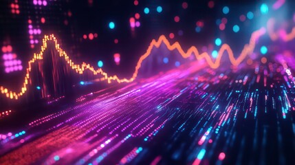 Obraz premium Glowing digital stock market chart with vibrant colorful lines showing financial growth and analysis