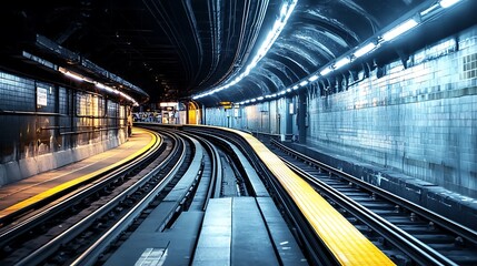 Empty Subway Station Platform with Curved Tracks and Bright Lights