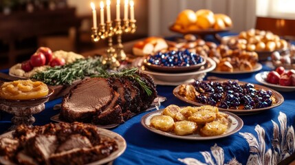 Naklejka premium Festive Hanukkah Feast with Traditional Foods 