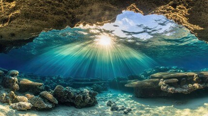 Obraz premium Sunlight seeps through an ocean cave, creating ethereal underwater shadows