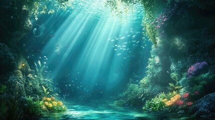 Fototapeta premium Sunlight streams through an underwater cave, creating a tranquil, magical ambiance