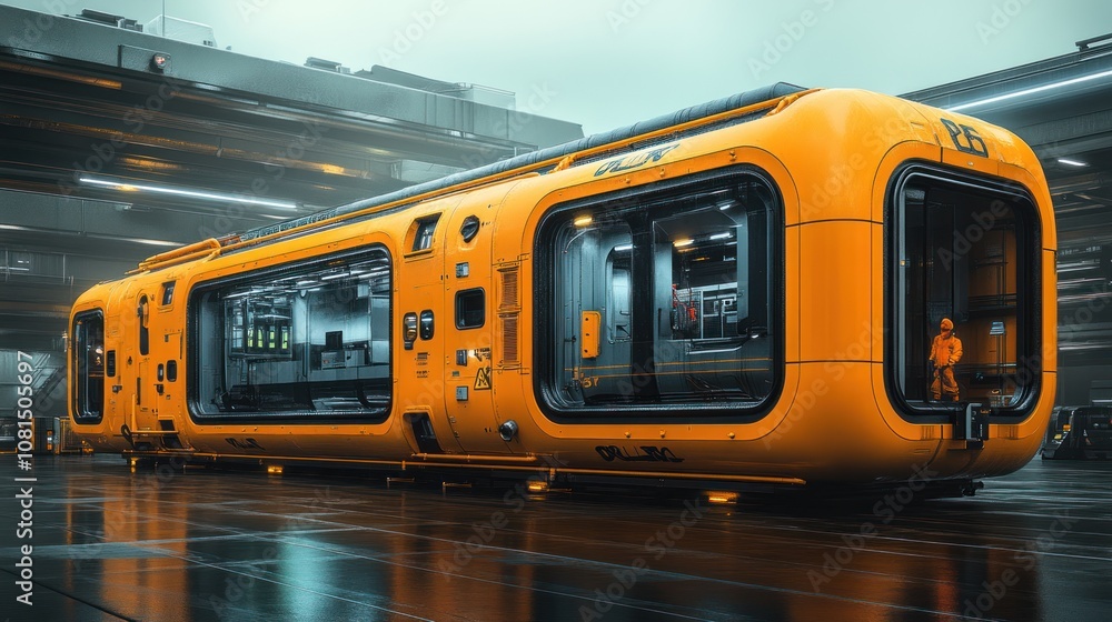 Poster futuristic transport module with sleek design and advanced features.