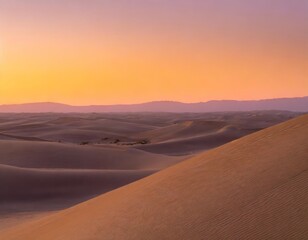 Sunset Over the Vast Desert With Rolling Sand Dunes Glowing Golden Under the Fading Light, While the Sky Transitions From Orange to Deep Purple in the Distance