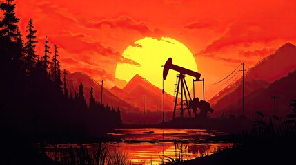 Sunset oil pumpjack scene, bold industrial silhouette in nature