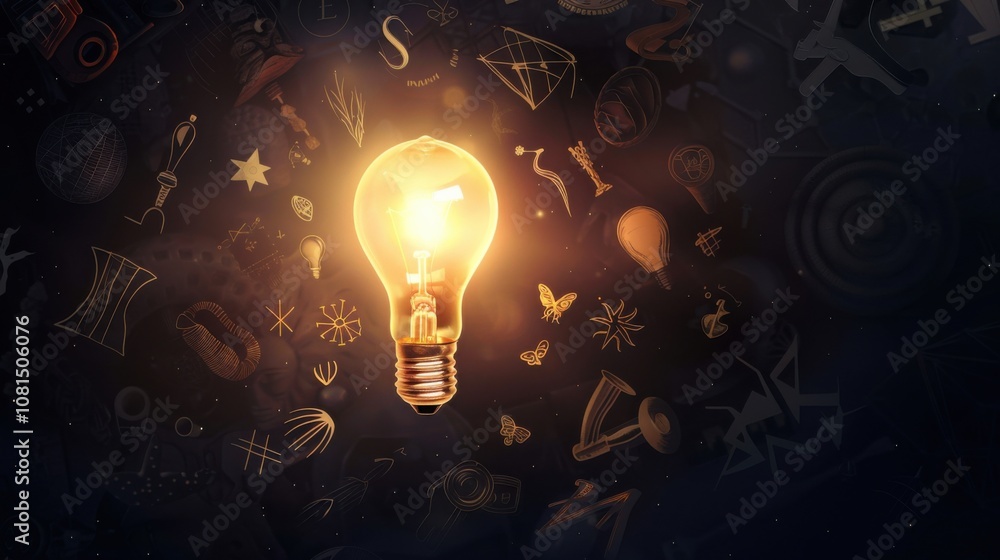 Poster A powerful visual of a single glowing lightbulb surrounded by different cultural objects and symbols, Representing enlightenment and inspiration drawn from diverse sources, minimalist style