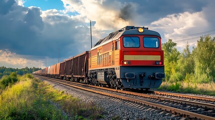Obraz premium Freight Train on Tracks with Dramatic Sky and Trees