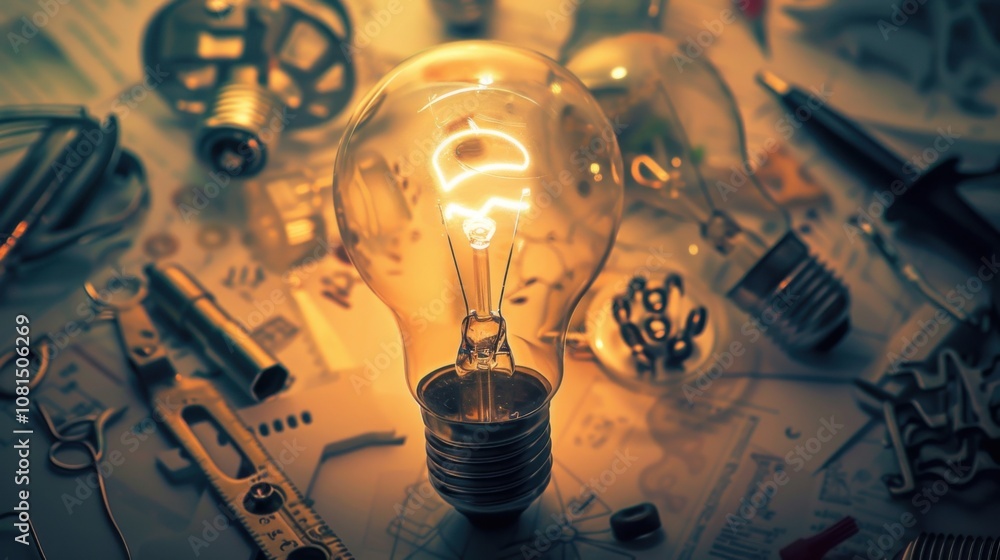 Poster a powerful visual of a single glowing lightbulb surrounded by different cultural objects and symbols