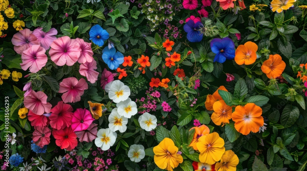 Poster a powerful visual of a vibrant spectrum of different flowers blooming together in a garden, symboliz