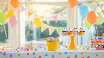 Colorful cupcakes on a dessert table with balloons and bunting decorations. Bright indoor party setup with natural light. Celebration and birthday party concept. 