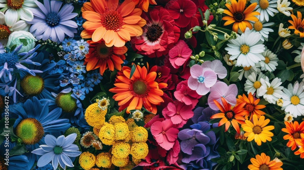 Poster a powerful visual of a vibrant spectrum of different flowers blooming together in a garden, symboliz