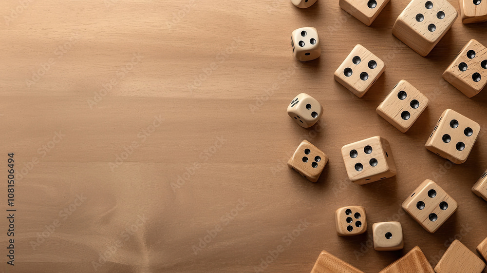 Poster minimalist board game layout featuring various dice on wooden surface, creating playful atmosphere