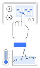 Hand interacting with control panel adjusting sliders, dials thermometer, graph indicating data analysis. Ideal for technology, analytics, automation, user interface, data visualization, feedback