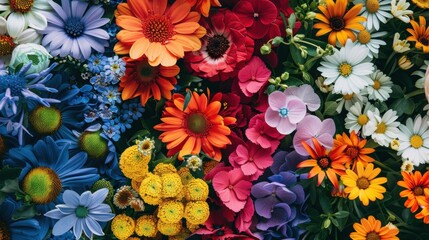 A powerful visual of a vibrant spectrum of different flowers blooming together in a garden, Symbolizing the beauty and richness of embracing diversity in all its forms, minimalist style