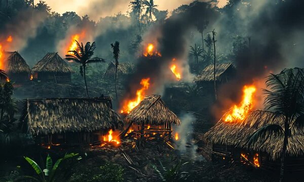 A forest scene with huts engulfed in flames, highlighting environmental destruction.
