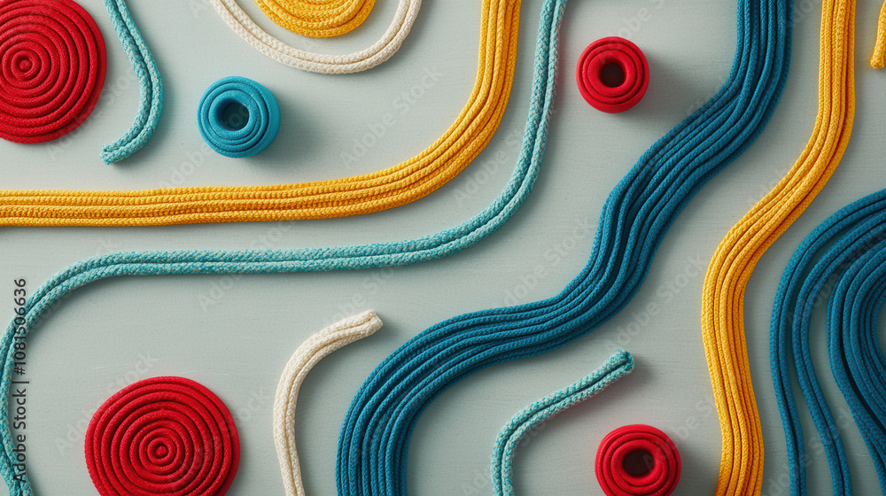 Poster colorful abstract design featuring ropes and circular shapes, creating playful and vibrant compositi