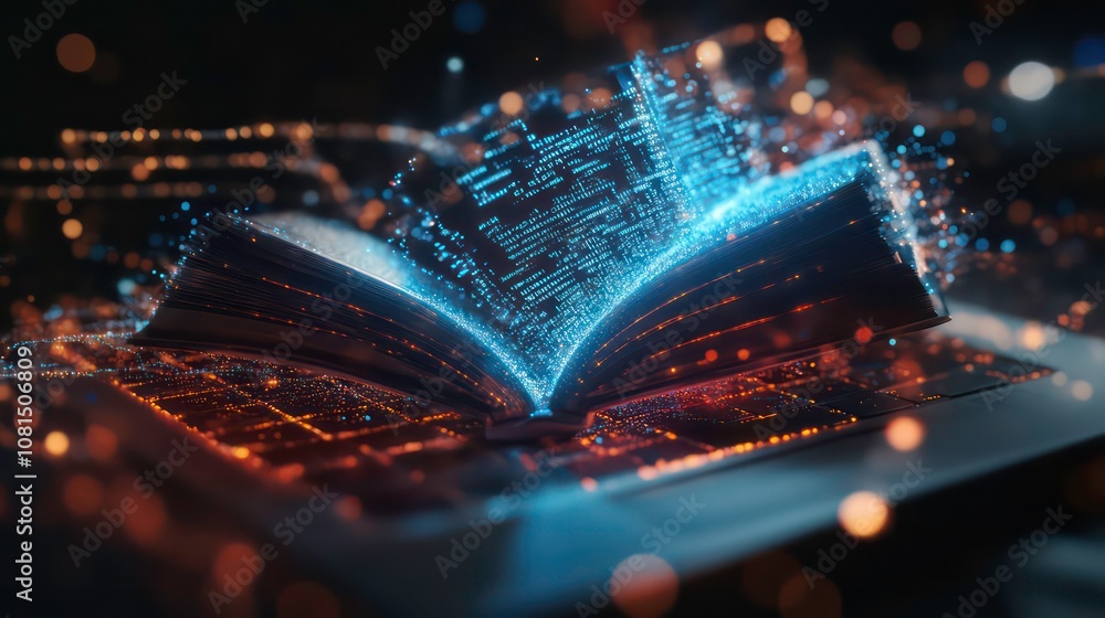 Poster an open book on a laptop with glowing blue digital code particles emerging from the pages, symbolizi