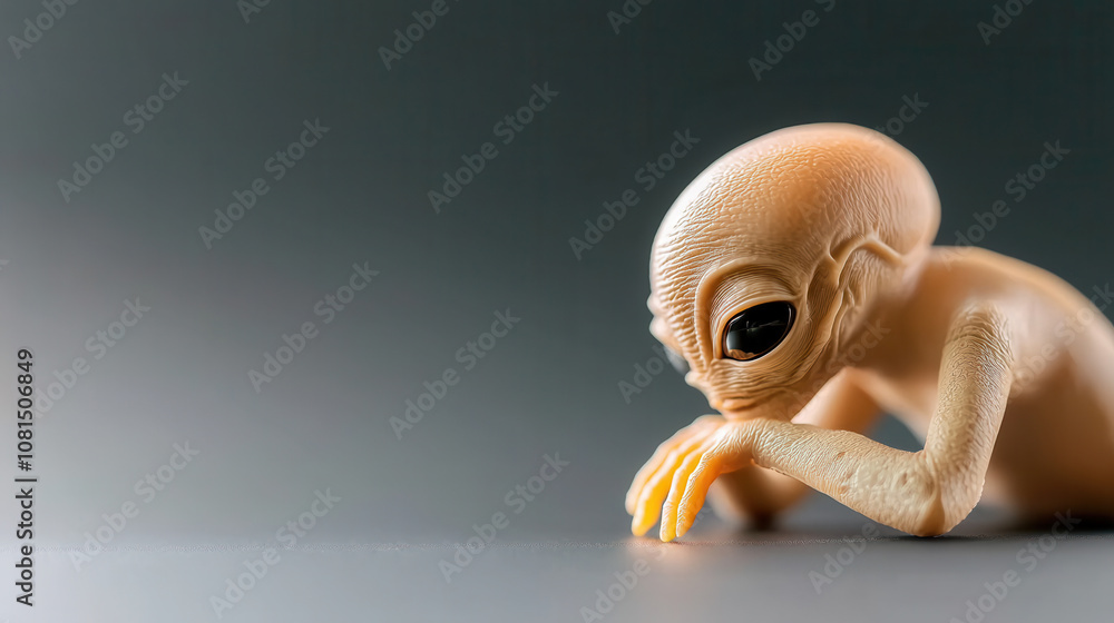 Poster alien figure exuding serene understanding, posed thoughtfully in studio light, showcasing intricate 