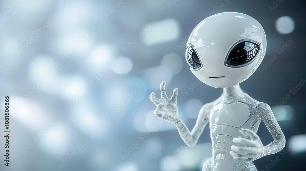 Poster alien figure exuding serene understanding, showcasing unique design and expression in studio setting