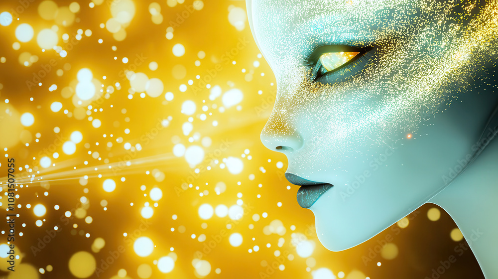 Poster serene alien figure with glowing aura, surrounded by golden light. soft features and sparkling detai