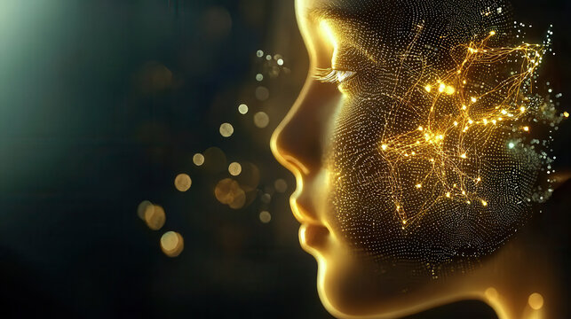 Digital art of woman face with glowing connections, symbolizing harmonious future and shared visions. intricate details evoke sense of wonder and innovation