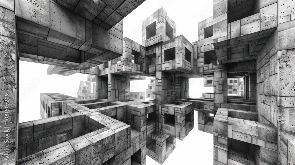 Poster abstract 3d rendering of a concrete building with a complex and intricate design.